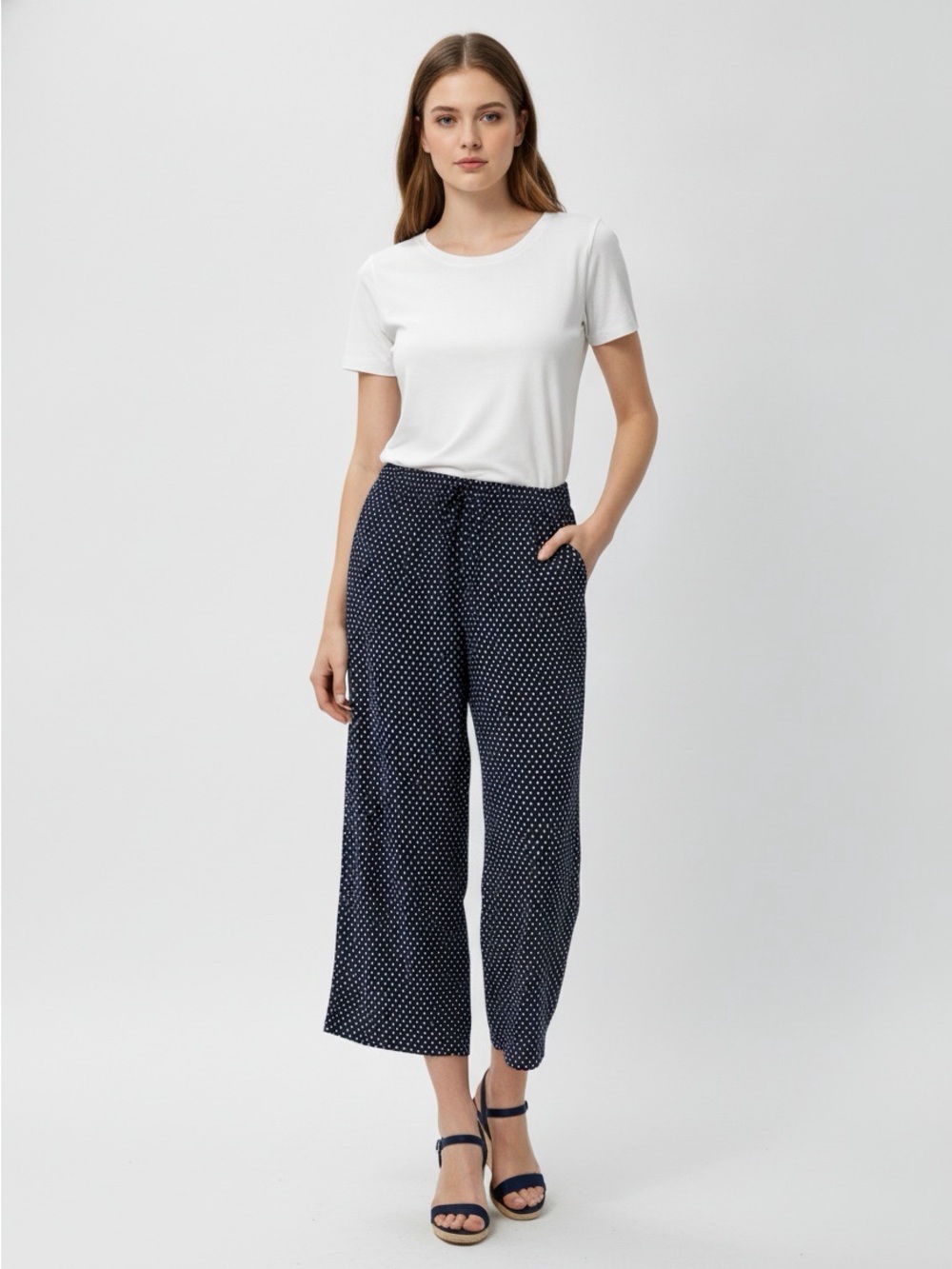 Vintage V.I. Petites Navy & Cream Polka Dot Wide-Leg Pants